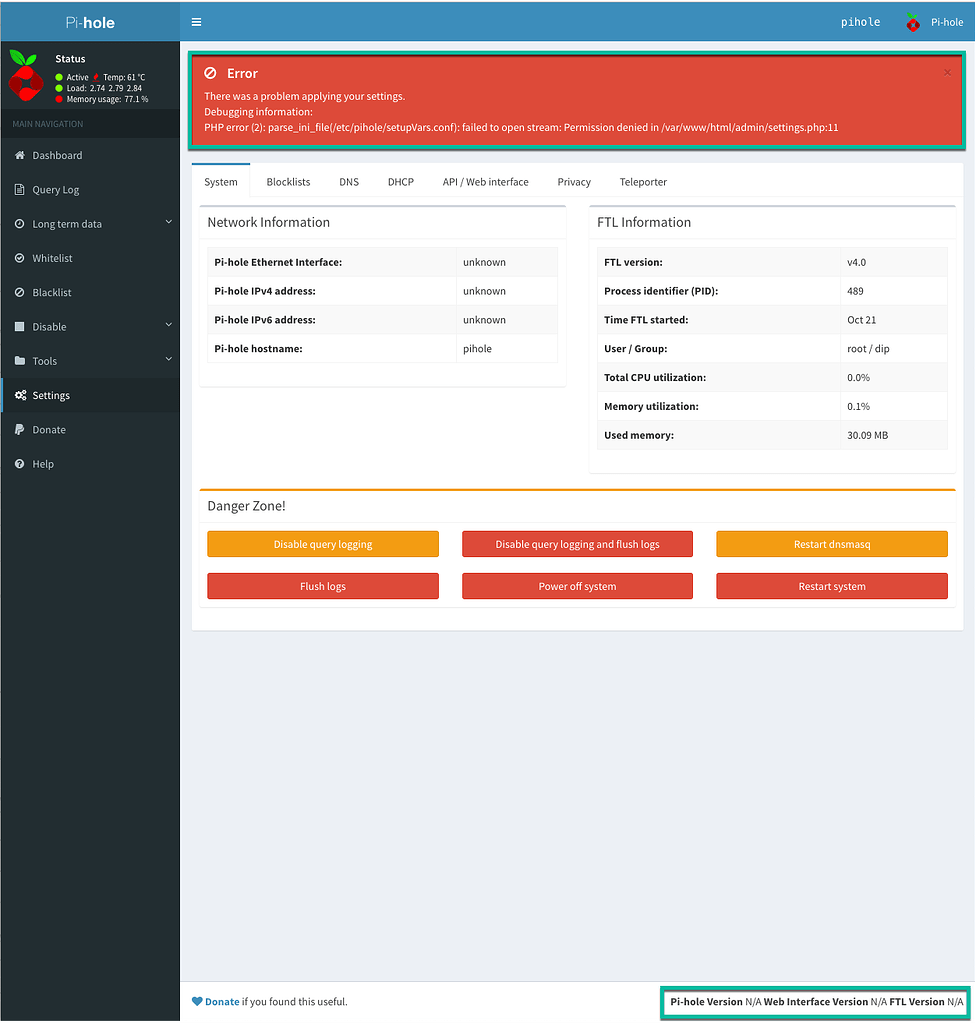 PHP permissions error web admin page - Help - Pi-hole Userspace