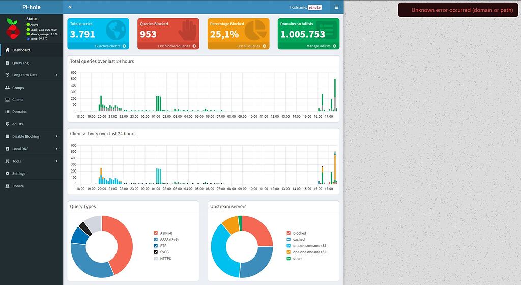 Pi Webui Web UI: Unkown error occured ''domain or path'' - Help - Pi-hole Userspace