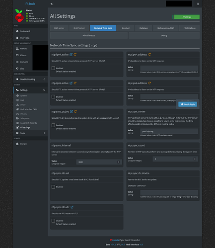 Pi-hole pihole-vpn - ntp-sync-settings-page