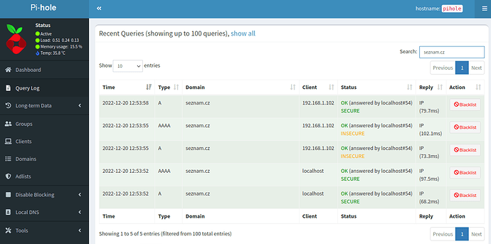 Pi-hole query log